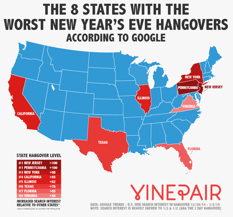 MAP: The 8 States With The Worst New Year's Eve Hangovers In 2015