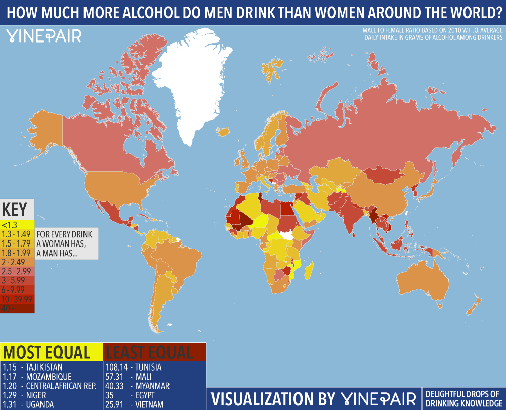 MAP: How Much More Alcohol Do Men Drink Than Women In Every Country Around The World?