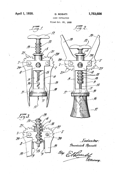 The U.S. Patent Filing For Dominick Rosati's Wing Corkscrew - 1930