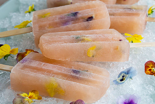 Bellini Popsicles with Edible Flowers by Recipe Hearth