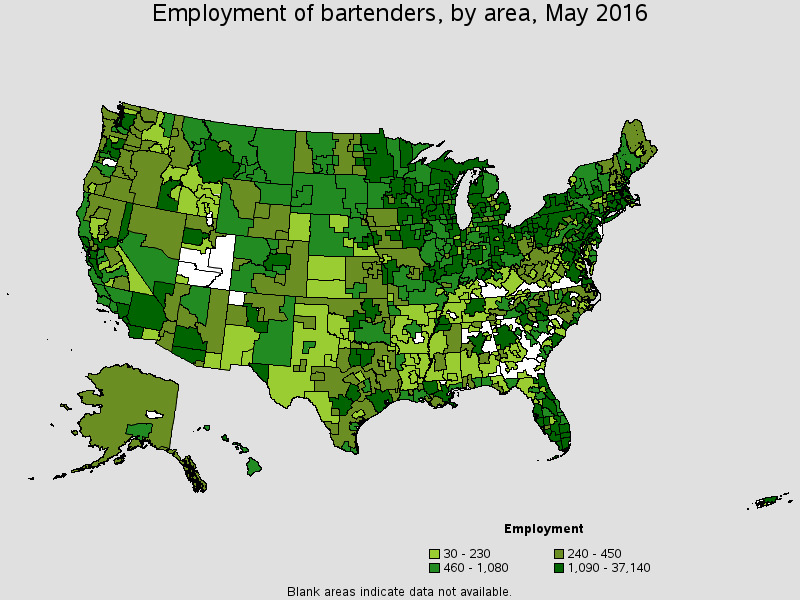 employment of bartenders by metropolitan area