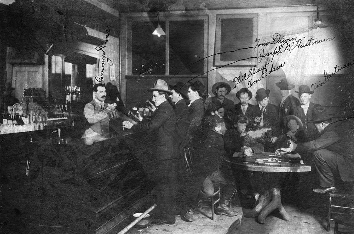 The bar at Dewar's Saloon, Montana, in the Old West.