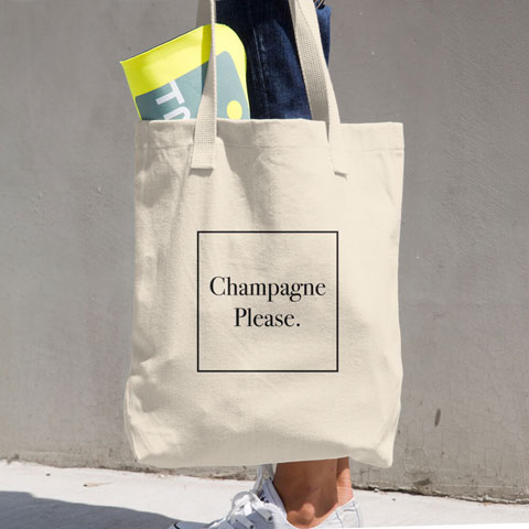 Tote bag with "Champagne Please" graphic