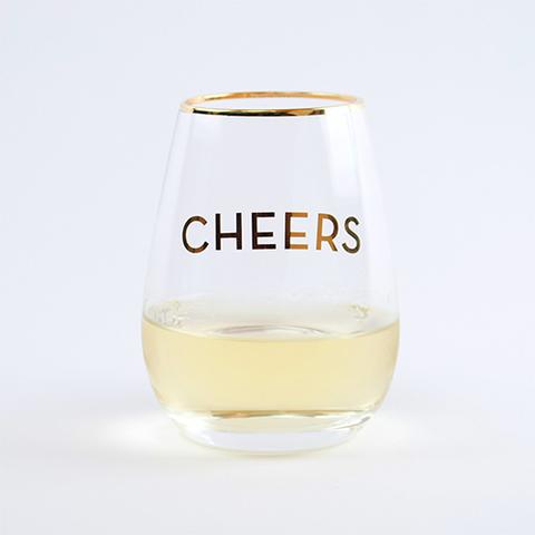 Cheers Stemless Wine Glass With Gold Rim