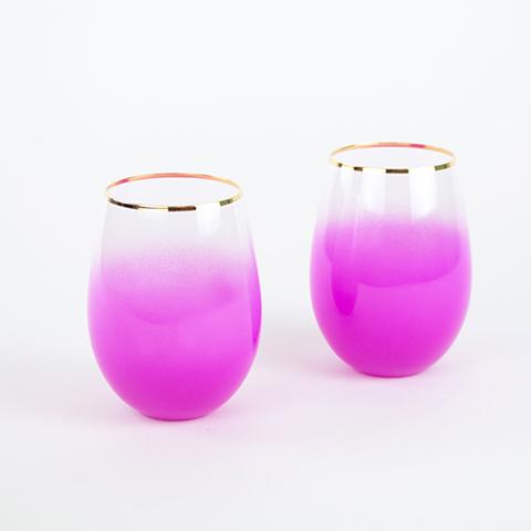 Vintage Inspired Stemless Wine Glasses With Pink Gradient Design